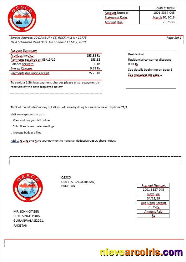 Pakistan Quetta Electric Supply Company electricity bill